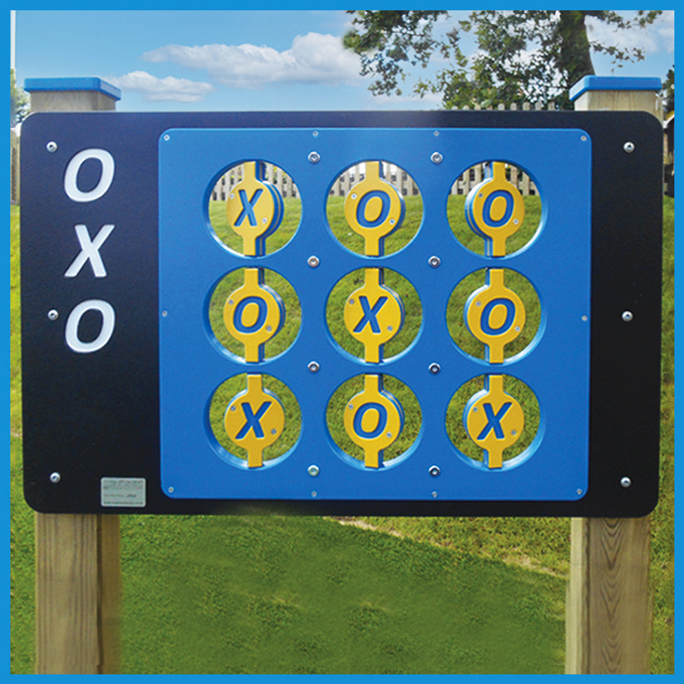 OXO Play Panel for children featuring rotatable HDPE shapes with an X on one side and an O on the other. A colorful, interactive sensory toy designed for outdoor play, encouraging fine motor skills and engagement.